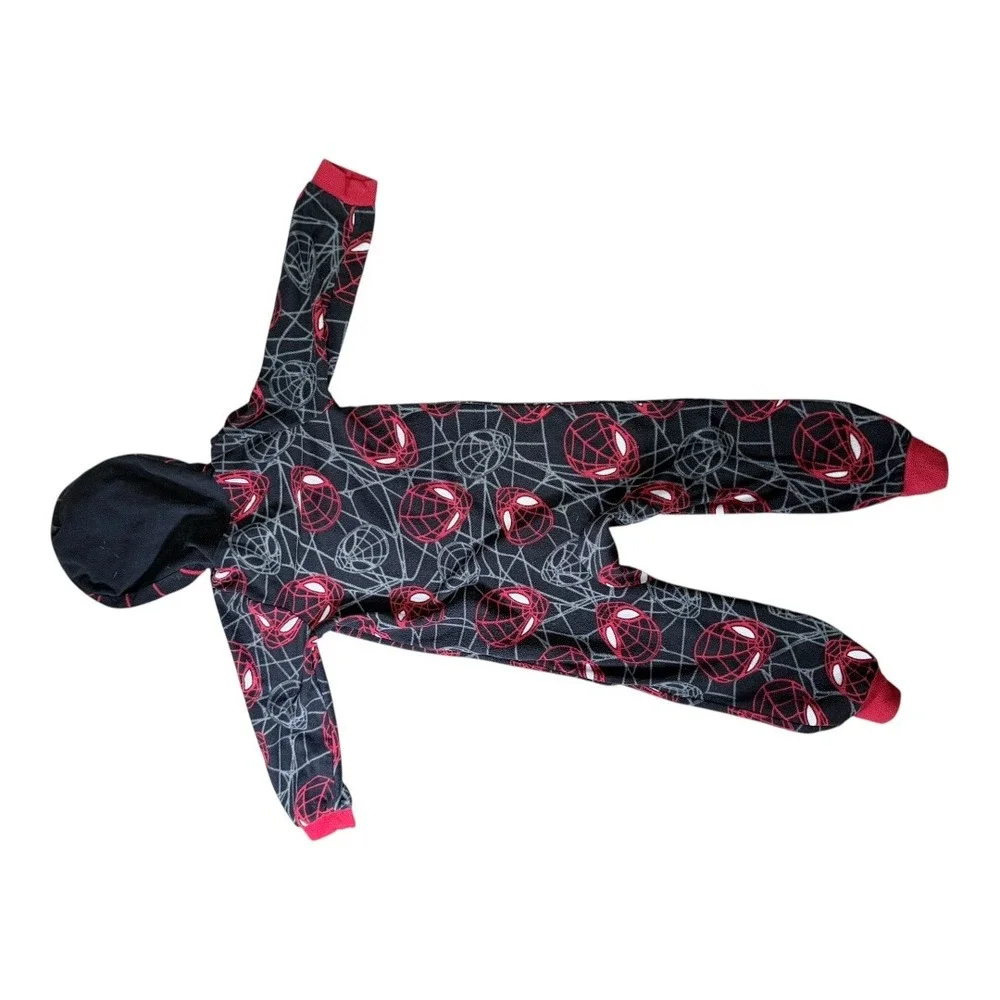 Marvel Spider-Man Pajamas Kids XS 4/5‎ Fleece Hooded One-Piece Union Suit Black
